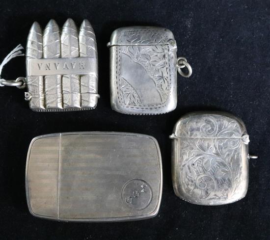 A late Victorian novelty silver vesta case modelled as four cigars and inscribed Havana by William Neale, Chester, 1890